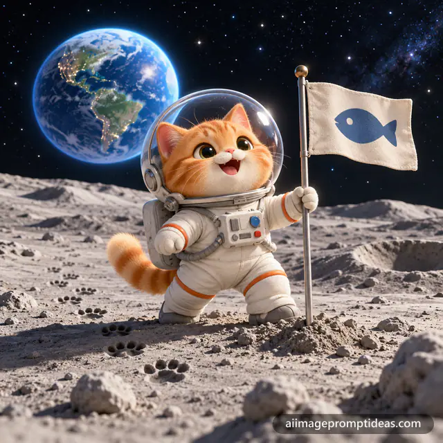 Cute 3D orange cat in an astronaut suit planting a fish flag on the moon with Earth behind, AI generated
