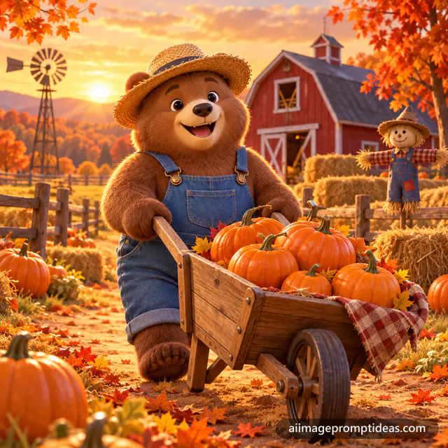 Cute 3D bear in overalls pushing a wheelbarrow of pumpkins on an autumn farm, AI generated