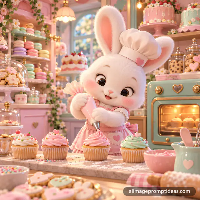 Cute 3D bunny in a chef hat piping frosting on pastel cupcakes in a tiny bakery, AI generated