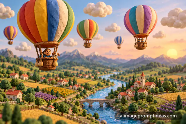 Clay-style 3D hot air balloons floating over a miniature valley with a river and tiny houses, AI generated