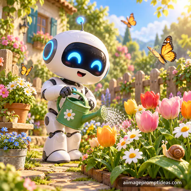 Cute 3D round robot watering tulips and daisies in a sunny garden with butterflies, AI generated