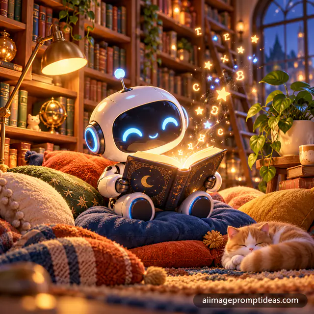 Cute 3D white robot with glowing eyes reading a glowing book in a cozy library corner, AI generated