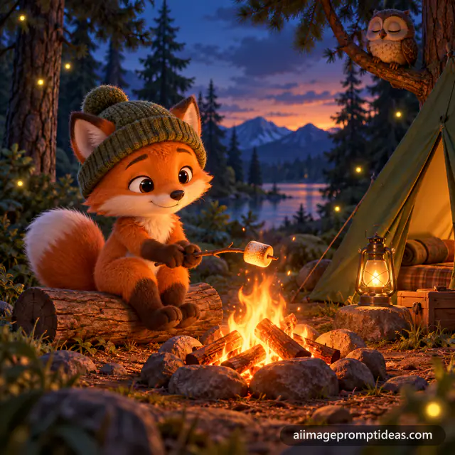 Cute 3D fox in a beanie roasting a marshmallow by a campfire outside a tiny tent, AI generated