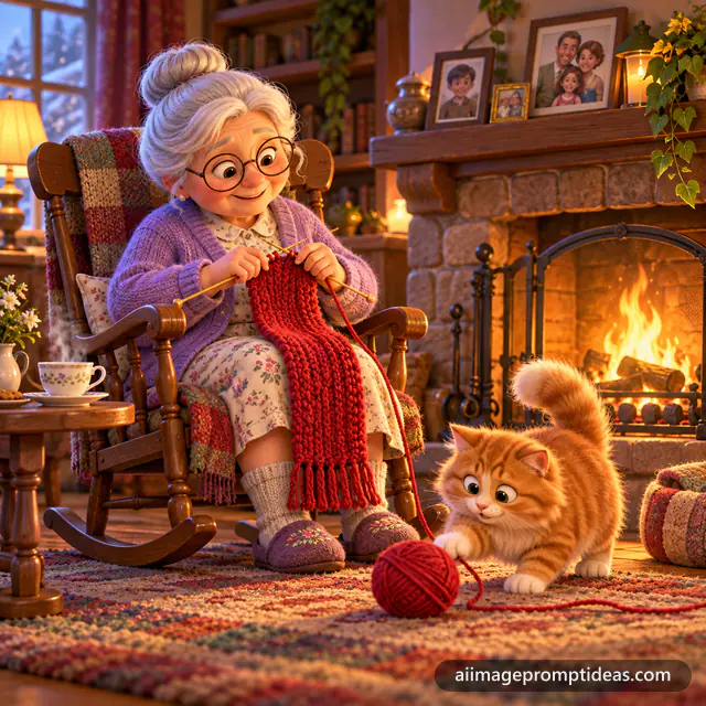 Cute 3D grandma knitting a red scarf in a rocking chair while an orange cat plays with yarn, AI generated