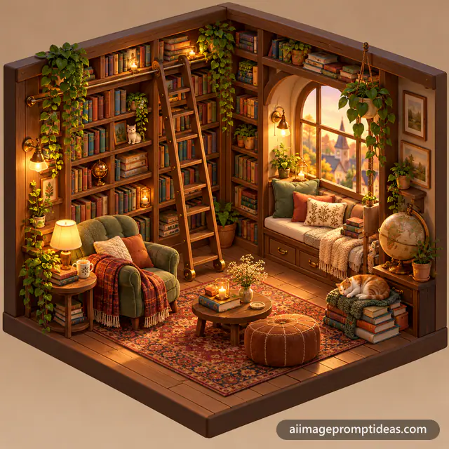3D isometric cutaway of a tiny cozy library with bookshelves, a reading nook and a cat, AI generated