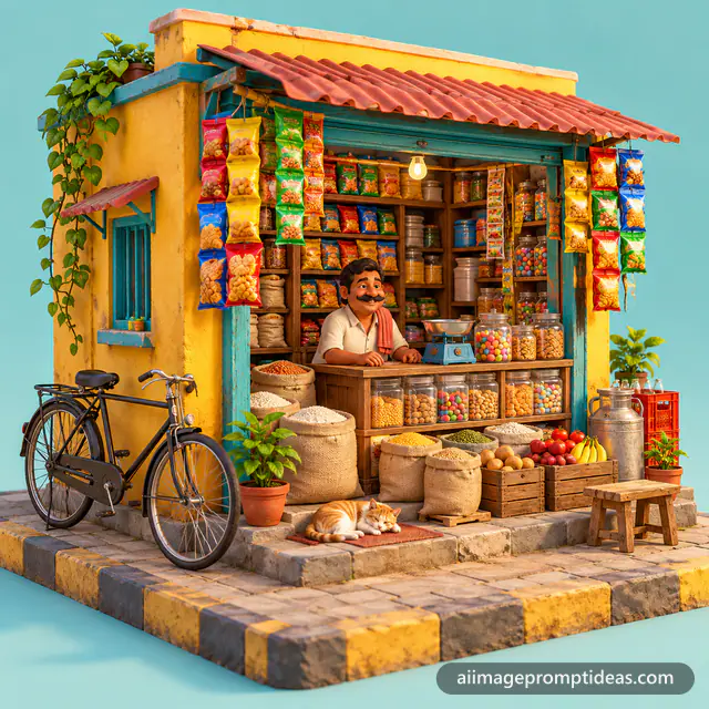 3D isometric miniature of an Indian kirana store with a shopkeeper, AI generated
