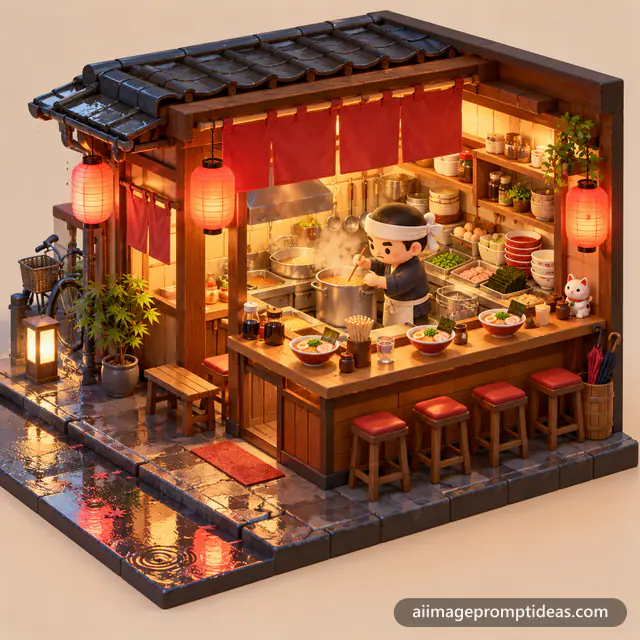 3D isometric cutaway of a tiny cozy ramen shop with lanterns and steaming pots, AI generated
