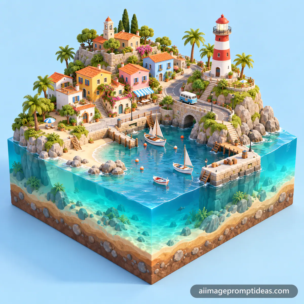 Cute 3D isometric diorama of a tiny floating island with a seaside town, lighthouse and boats, AI generated