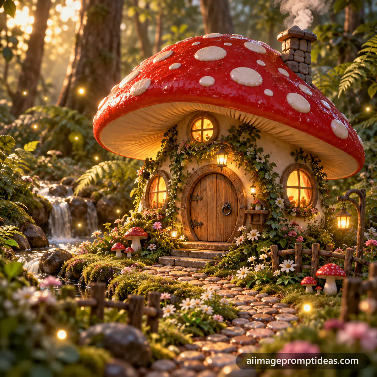 Cozy 3D fairy house inside a red-capped mushroom with glowing windows in a mossy forest, AI generated