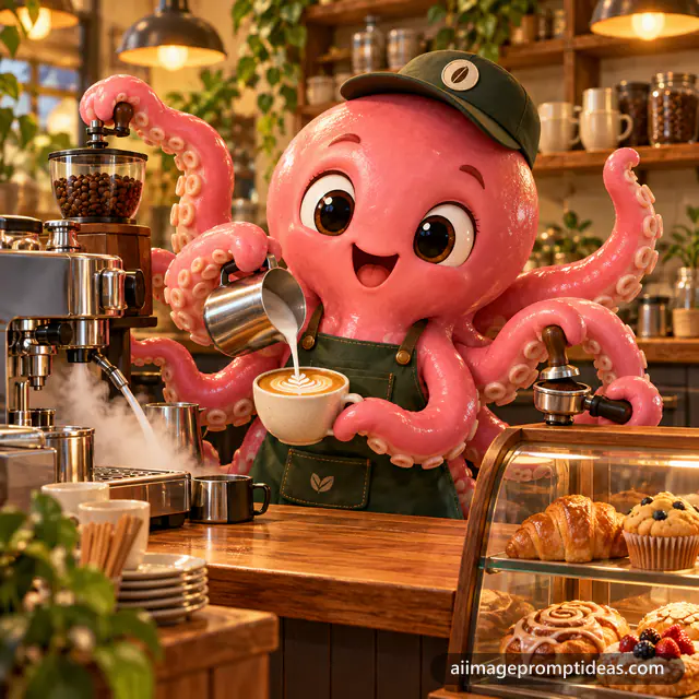 Cute 3D pink octopus barista making coffee with its tentacles in a cozy cafe, AI generated