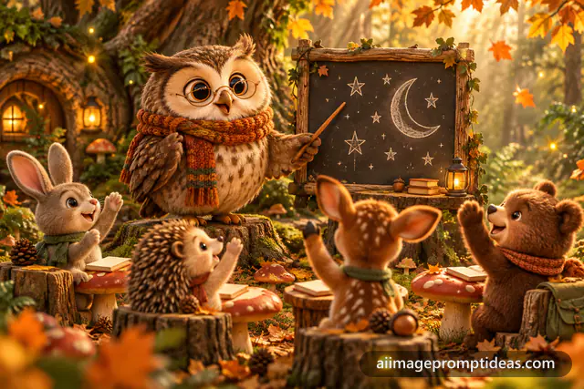 3D cartoon owl teacher with glasses teaching baby forest animals, AI generated