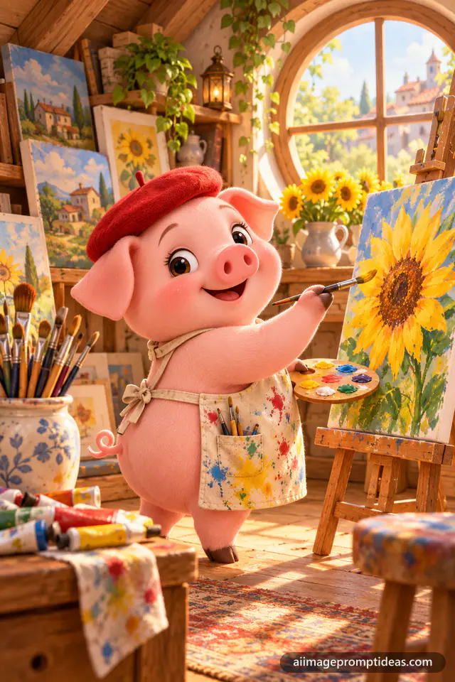 3D cartoon pig artist in a beret painting sunflowers at an easel, AI generated