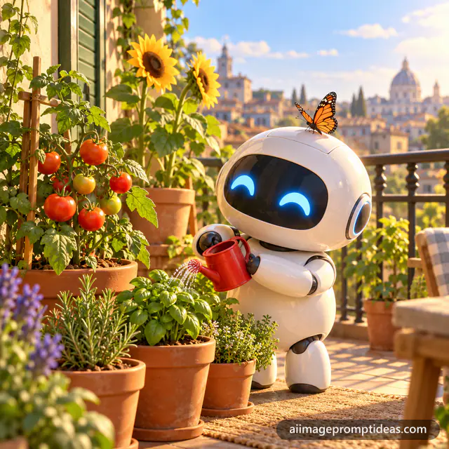 Small 3D robot watering potted plants on a sunny balcony, AI generated