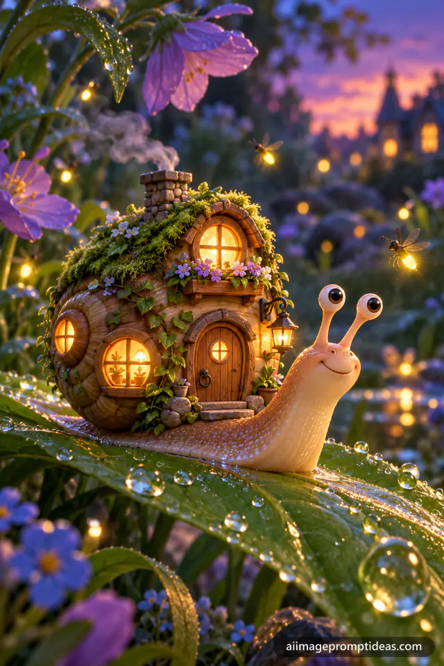 3D cartoon snail with a tiny glowing cottage as its shell, AI generated