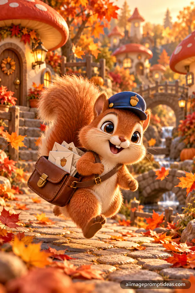 3D cartoon squirrel mail carrier with satchel in an autumn village, AI generated