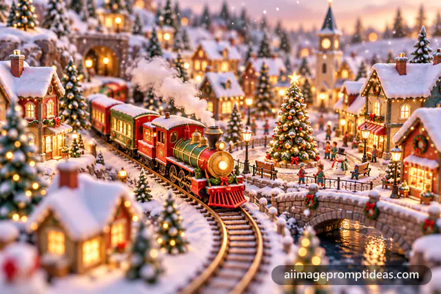 Colorful 3D toy train chugging through a tiny snowy Christmas village with glowing houses, AI generated
