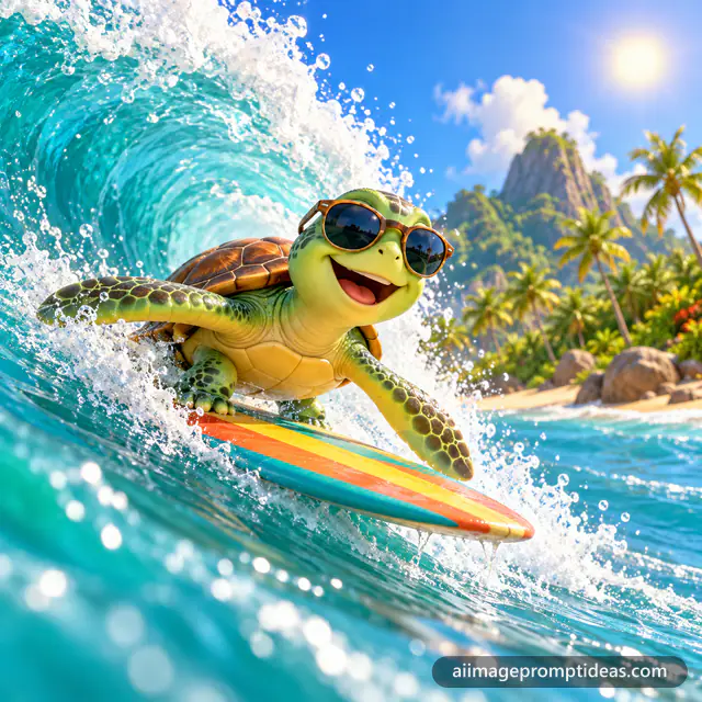 Cute 3D sea turtle in sunglasses surfing a turquoise wave near a tropical island, AI generated