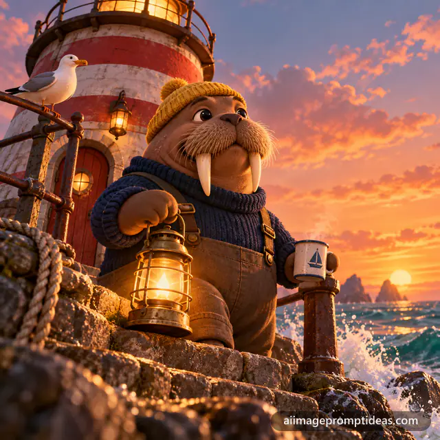 3D cartoon walrus lighthouse keeper holding a glowing lantern, AI generated