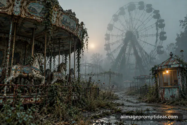 Rusted Ferris wheel and carousel in an abandoned amusement park on a foggy morning, AI generated