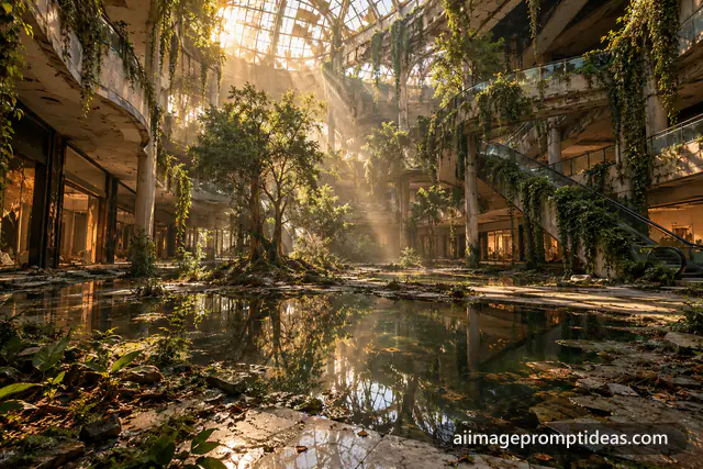 Abandoned shopping mall overgrown with trees and vines under light from a broken glass roof, AI generated