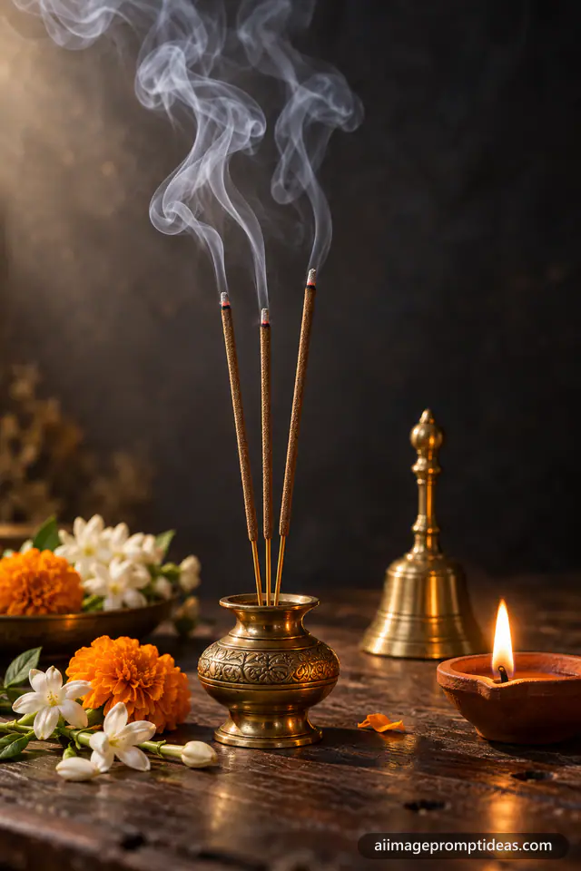 Burning incense sticks in a brass holder with curling smoke beside flowers and a diya, AI generated