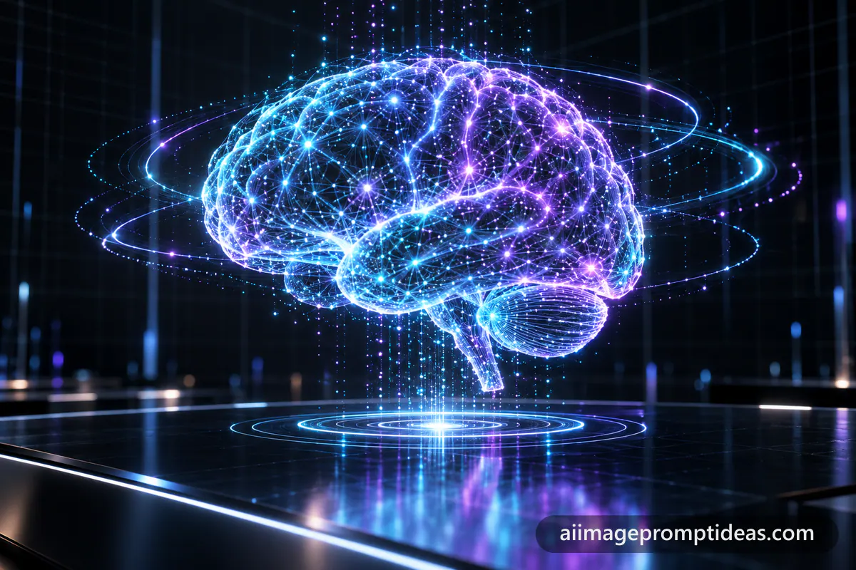 Glowing holographic brain made of cyan and violet neural network nodes above a dark desk, AI generated