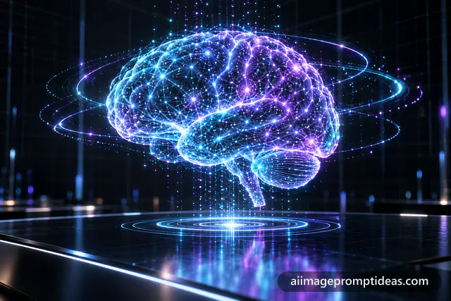 Glowing holographic brain made of cyan and violet neural network nodes above a dark desk, AI generated