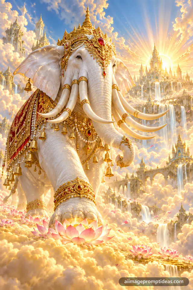 Mythic six-tusked white elephant Airavata walking on golden clouds, AI generated