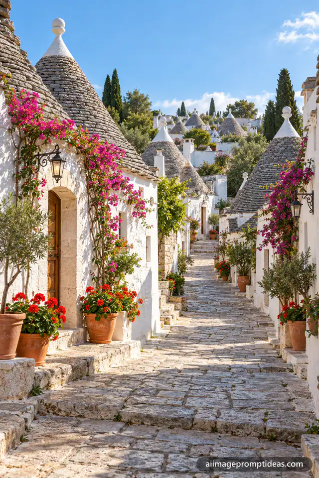 Whitewashed trulli houses with cone stone roofs in Alberobello, AI generated
