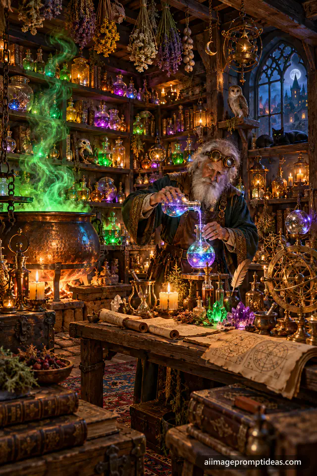 Fantasy alchemist pouring glowing potions in a candlelit shop, AI generated