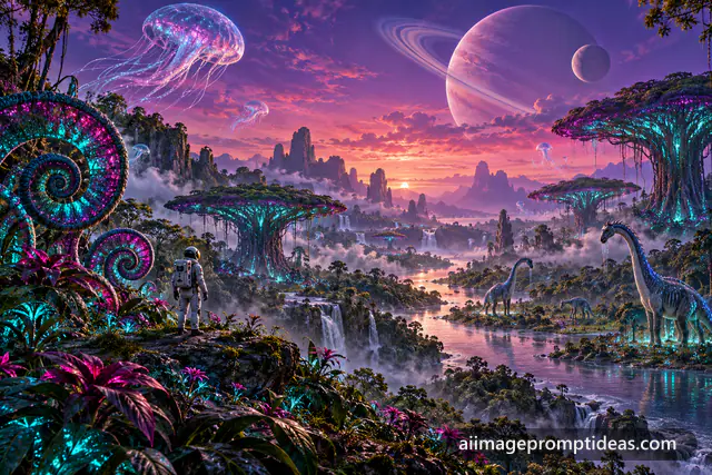 Lush alien jungle with glowing plants, strange creatures and two moons in a violet sky, AI generated