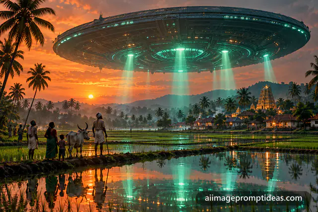 Giant alien mothership hovering over green rice fields in an Indian village at dusk, AI generated