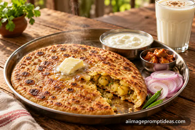 Golden aloo paratha with melting white butter, curd, pickle and lassi on a wooden table, AI generated