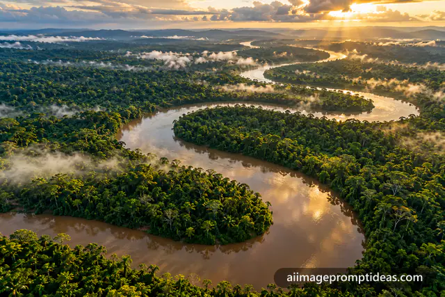 Aerial view of a winding brown river snaking through the dense Amazon rainforest, AI generated