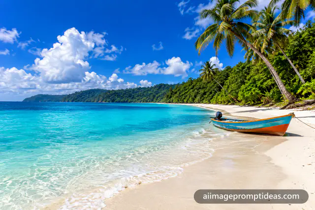 White sand Andaman beach with turquoise water, leaning palms and a wooden boat, AI generated