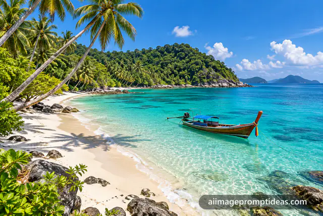 White sand beach with turquoise water, palm trees and a wooden boat in the Andaman Islands, AI generated