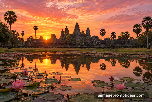 Angkor Wat towers silhouetted at sunrise and reflected in a lotus pond, AI generated