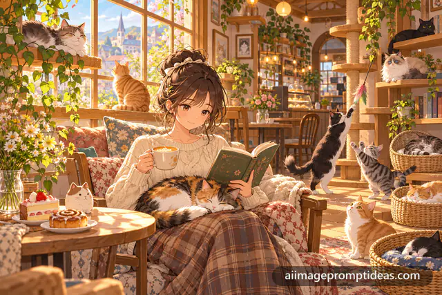 Anime girl reading in a sunny cat cafe surrounded by cats, AI generated