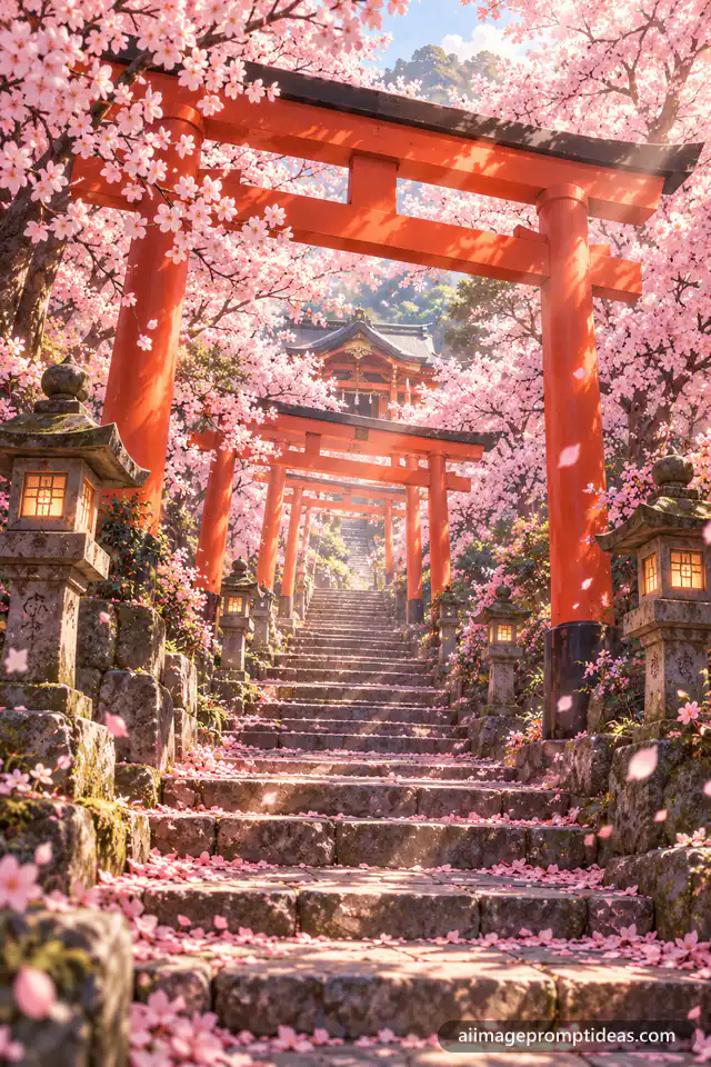 Anime stone path through red torii gates lined with pink cherry blossoms, AI generated