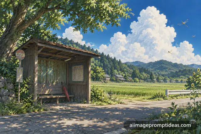 Anime scenery of a wooden countryside bus stop with a red umbrella, rice fields and huge summer clouds, AI generated