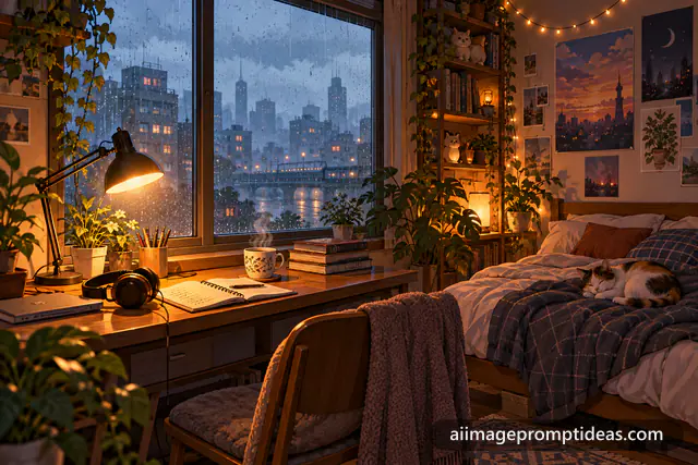 Anime cozy bedroom with a desk lamp, books, plants, a sleeping cat and rain on the window, AI generated
