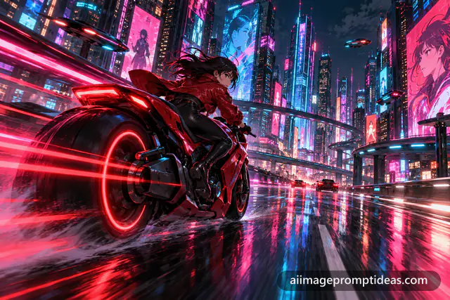 Anime rider on a red futuristic motorcycle speeding along a neon cyberpunk highway at night, AI generated
