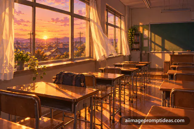 Anime empty classroom with desks glowing in orange sunset light, AI generated