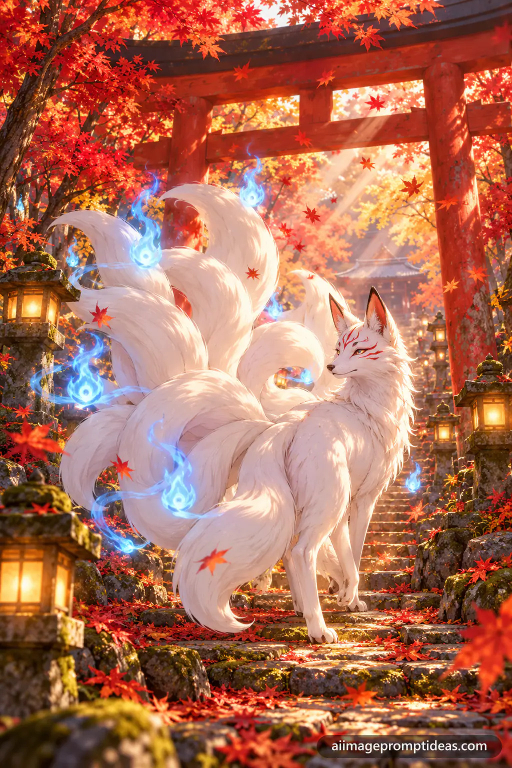 Anime nine-tailed white fox spirit under a red torii gate in an autumn forest, AI generated