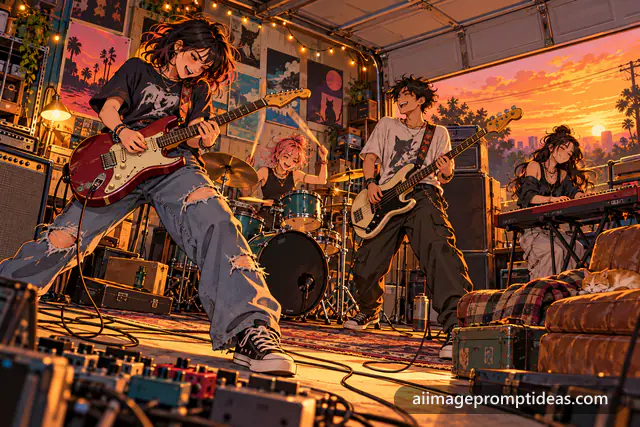 Anime rock band jamming in a cozy garage at sunset, AI generated