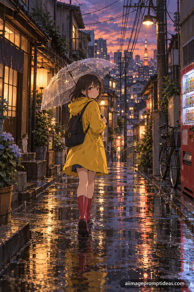 Anime girl in a yellow raincoat with a clear umbrella on a rainy Tokyo street at dusk, AI generated