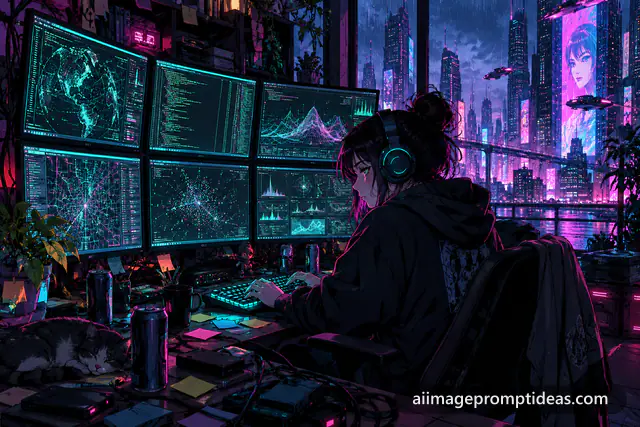 Anime hacker in a dark room surrounded by glowing monitors with a neon city outside, AI generated