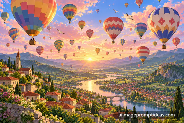 Anime hot air balloons rising over a green valley town with red roofs at sunrise, AI generated