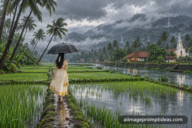 Anime girl with a black umbrella on a Kerala paddy field bund in the rain, AI generated