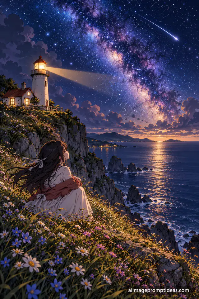 Anime lighthouse on a grassy cliff under a starry night sky, AI generated
